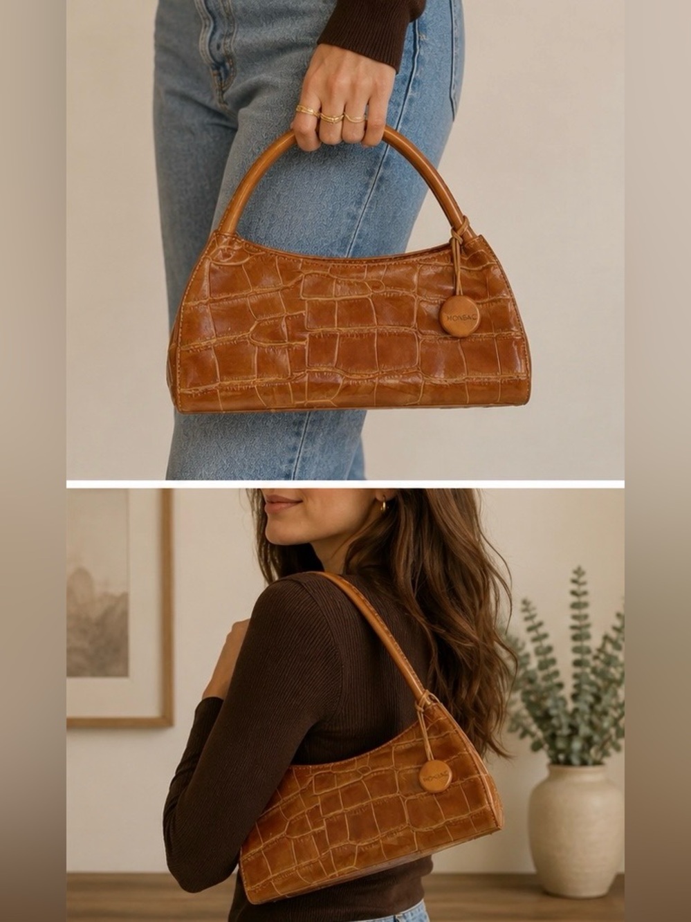 Vintage Monsac Croc Embossed Baguette Shoulder Bag Cognac Y2K